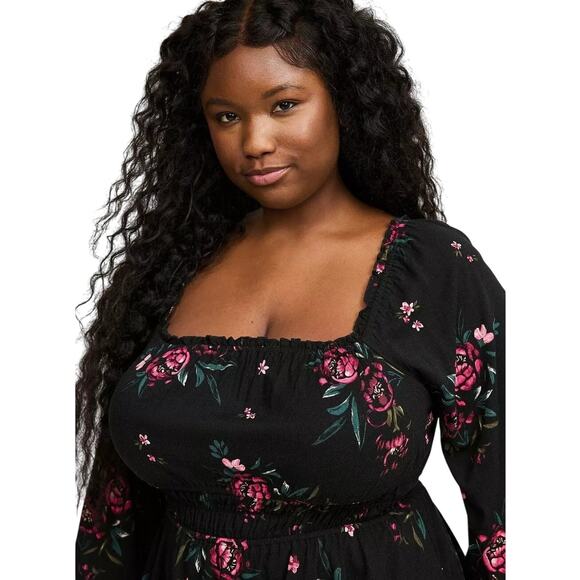 NWT Torrid Rayon Slub Waist Detail Blouson Sleeve Top Black Floral Size 4X - Picture 5 of 7